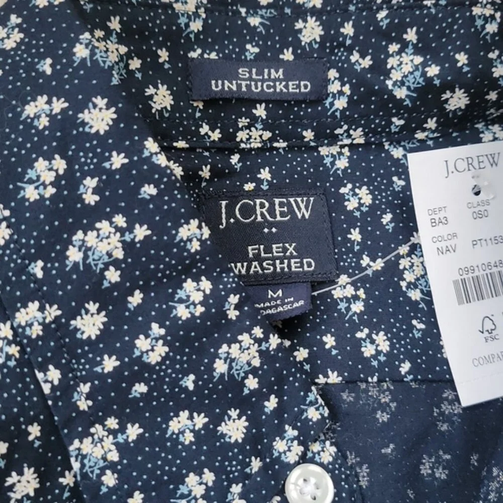 J.CREW NeW Navy White Floral Slim‎ Untuck Long Sleeve Preppy Button Down Shirt M